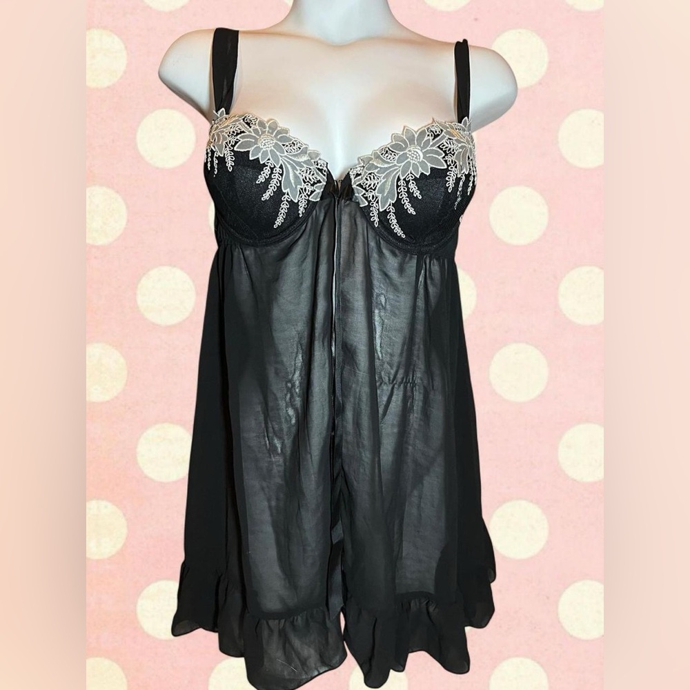 Fashion Bug Black Babydoll Chemise with White Lace Accents